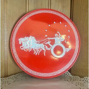 Vintage Red Round Tin Red White Greek Key Chariot Embossed Lid Metal Storage Con